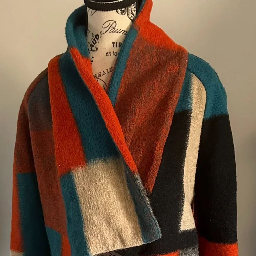 LUII BY ANTHROPOLOGIE - WOOL CAPE COAT (COLOR BLOCK DRAPING) SIZE S - Picture 4 of 8
